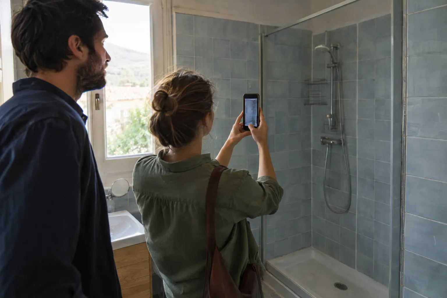 Un couple photographie sa salle de bain avec un téléphone pour demander un devis