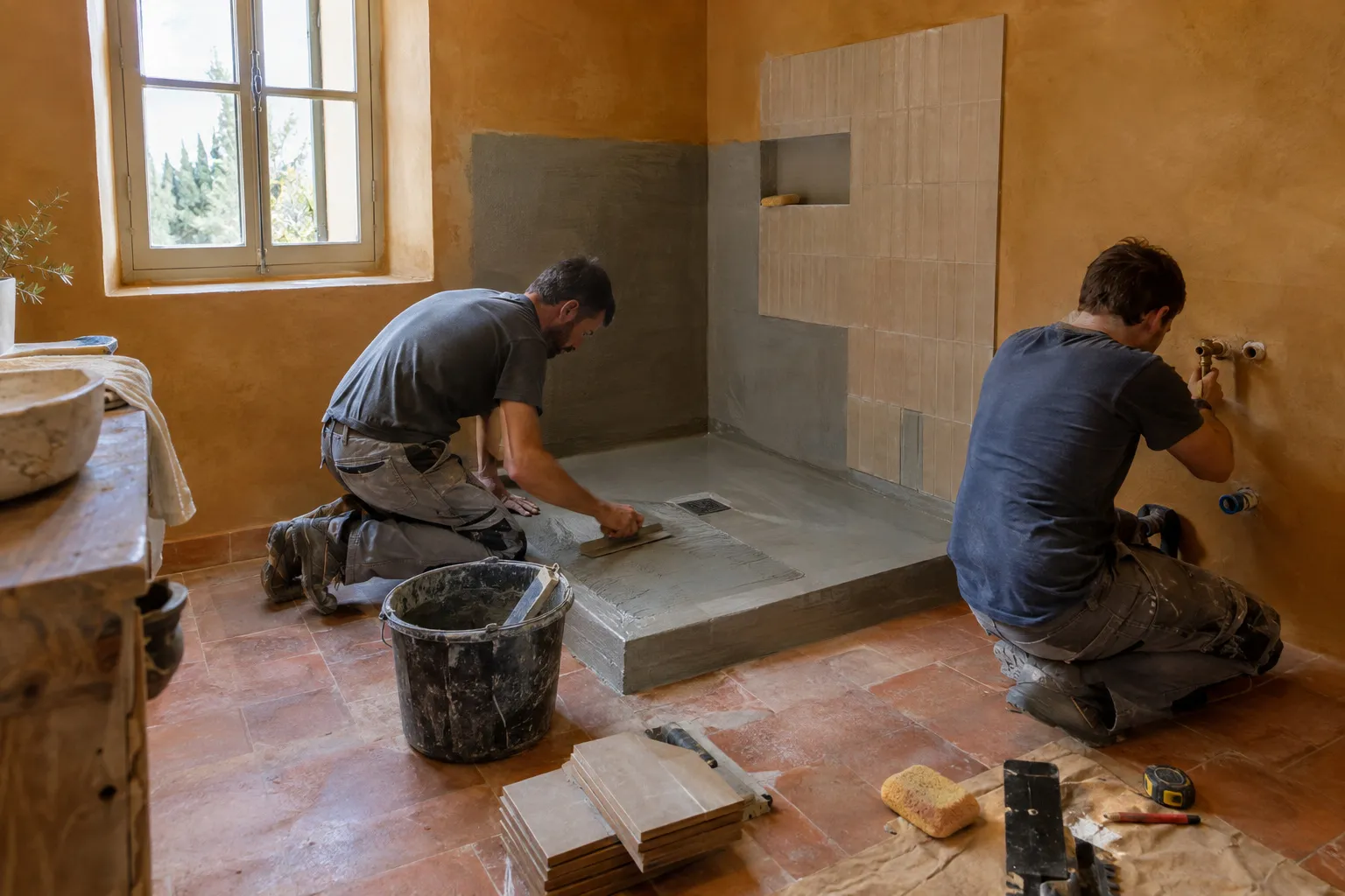 Nos artisans posent l’étanchéité et le carrelage d’une douche de plain-pied
