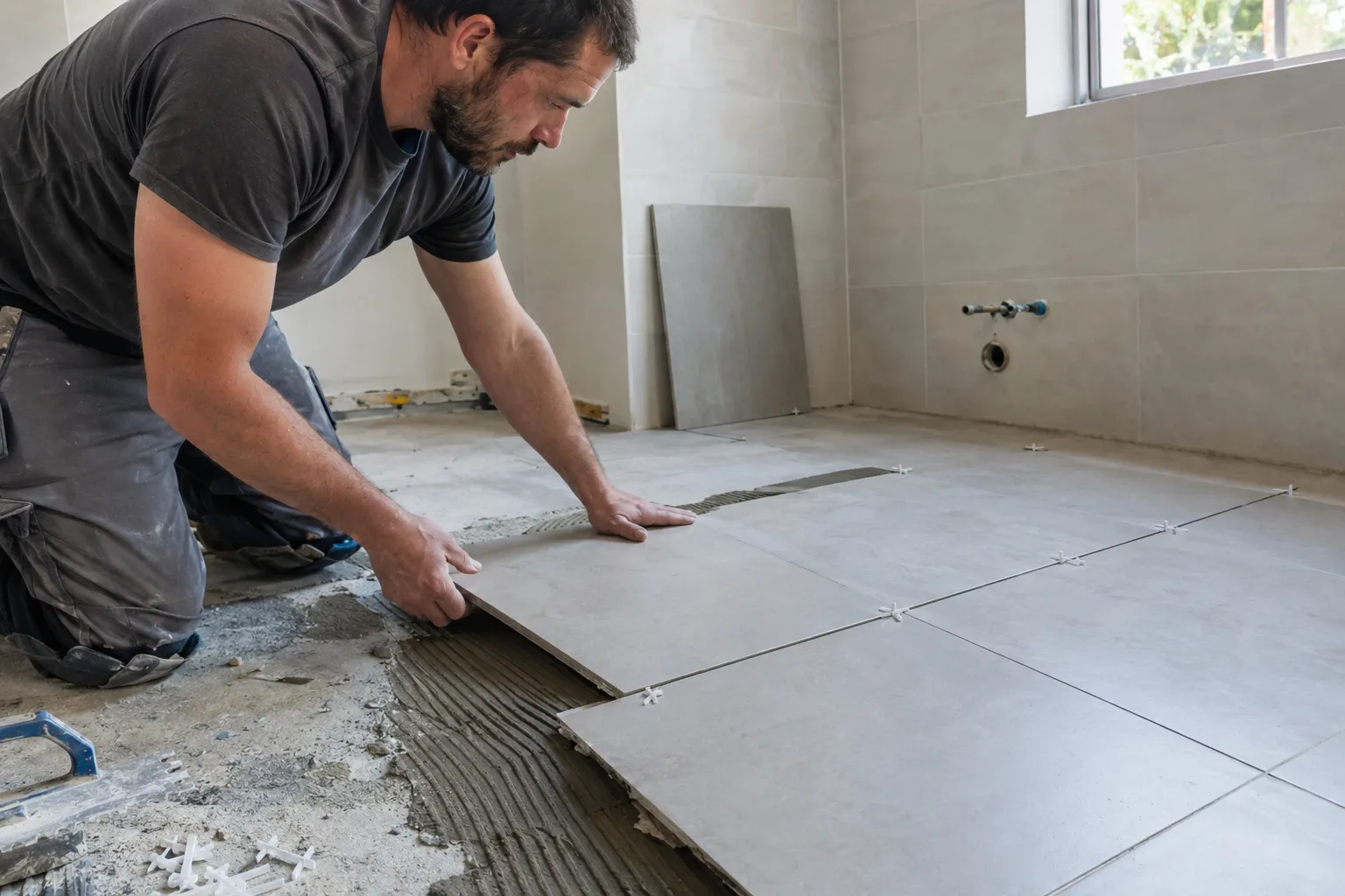 Pose de carrelage mural dans une salle de bain, avec carreaux alignés et joints réguliers