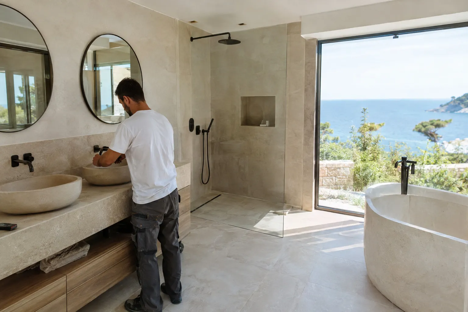 Salle de bain rénovée lumineuse avec carrelage clair et vasque, dans une villa près de la mer