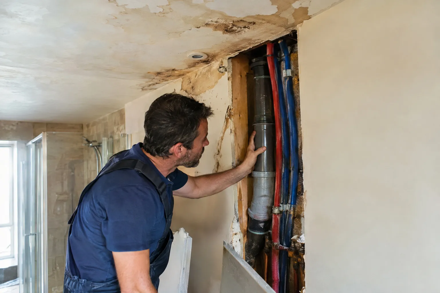Plafond marqué d'une tache d'humidité sous une salle de bain, et joint de douche à vérifier