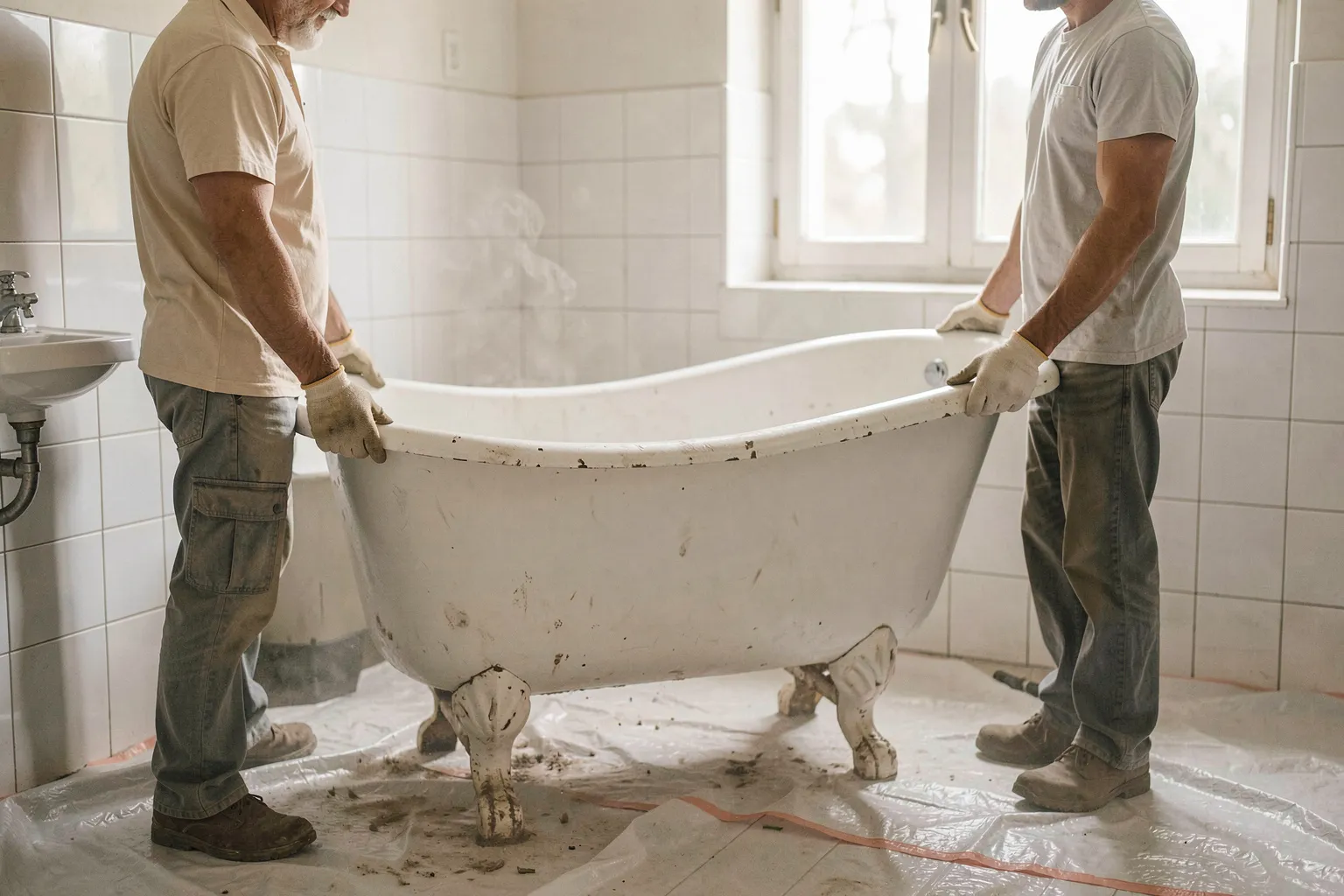 Deux artisans sortent une ancienne baignoire blanche d'une salle de bain carrelée, sol protégé par une bâche