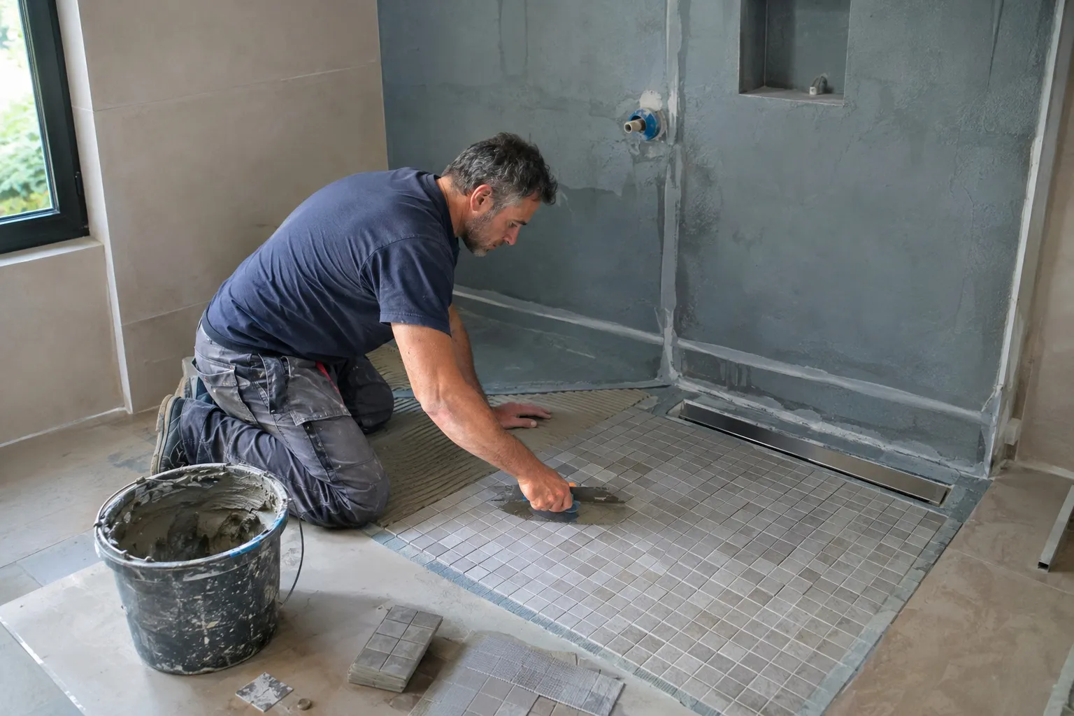 Douche à l'italienne de plain-pied avec carrelage gris et paroi vitrée dans une salle de bain de maison