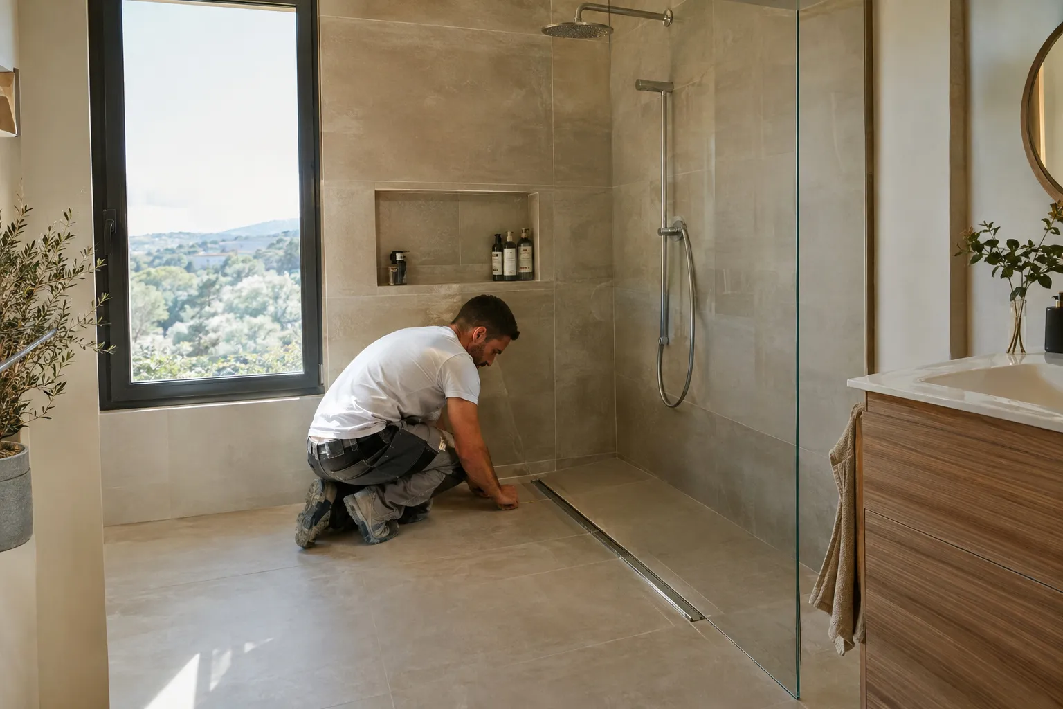 Douche à l'italienne de plain-pied carrelée, avec caniveau et paroi vitrée, dans une salle de bain d'appartement