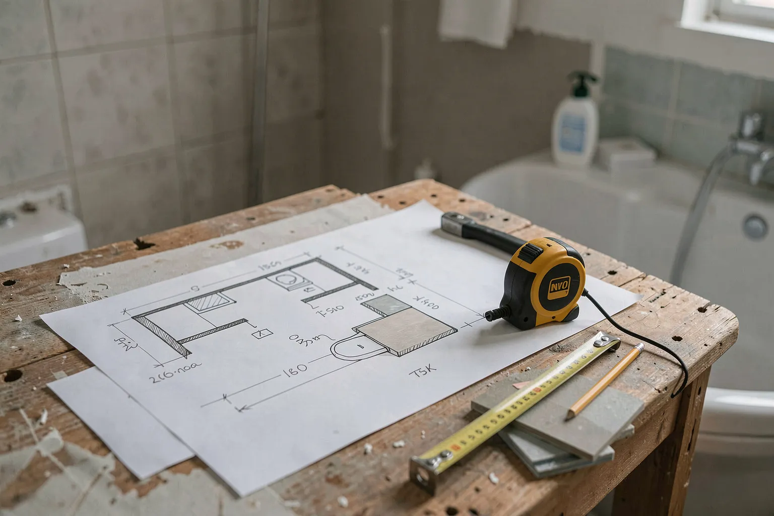Plan de salle de bain dessiné à la main avec ses cotes, posé sur une table de chantier avec un mètre ruban, un crayon et des échantillons de carrelage
