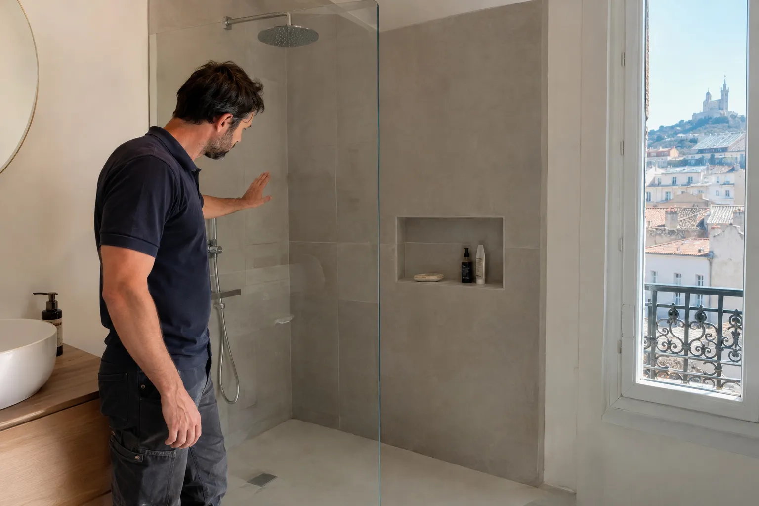 Douche à l'italienne terminée dans un appartement ancien du centre de Marseille, carrelage gris clair et niche murale