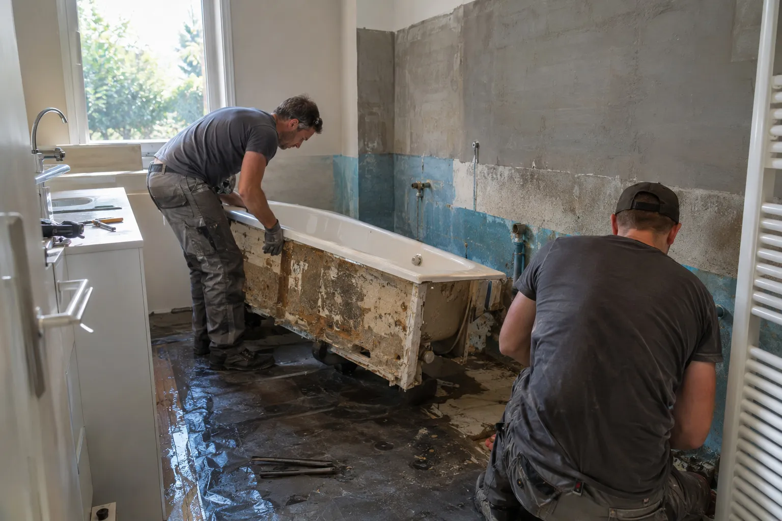 Dépose de l'ancienne baignoire et reprise de l'étanchéité par deux artisans en tenue sobre