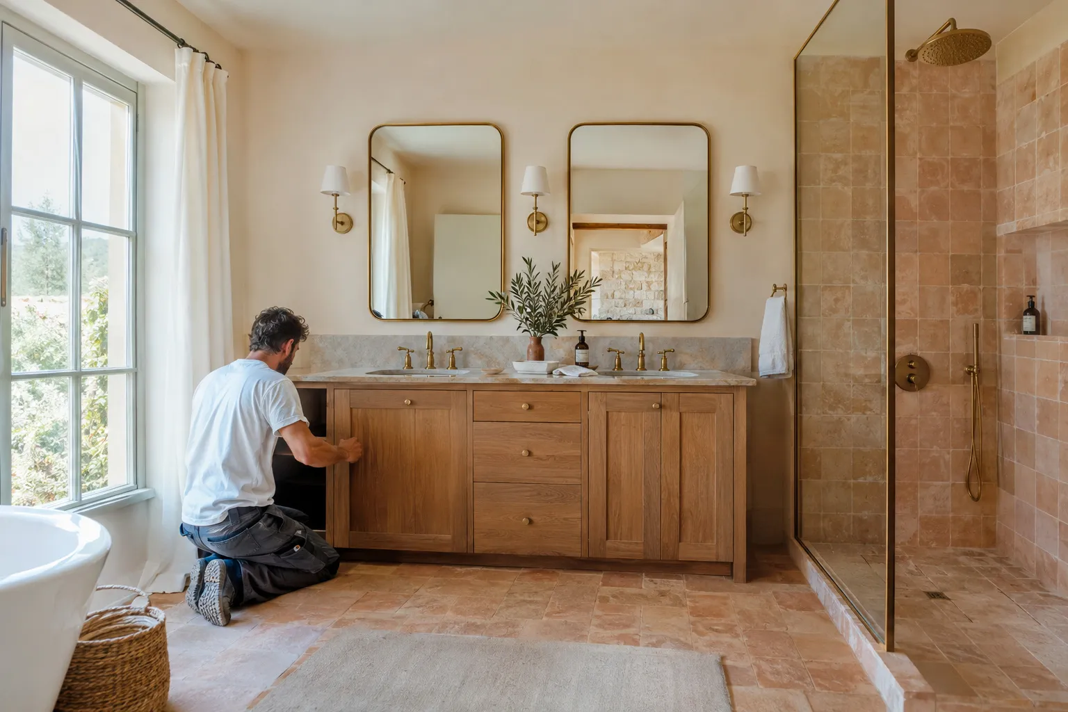 Salle de bain de villa provençale avec double vasque, meuble en chêne et carrelage terre cuite clair