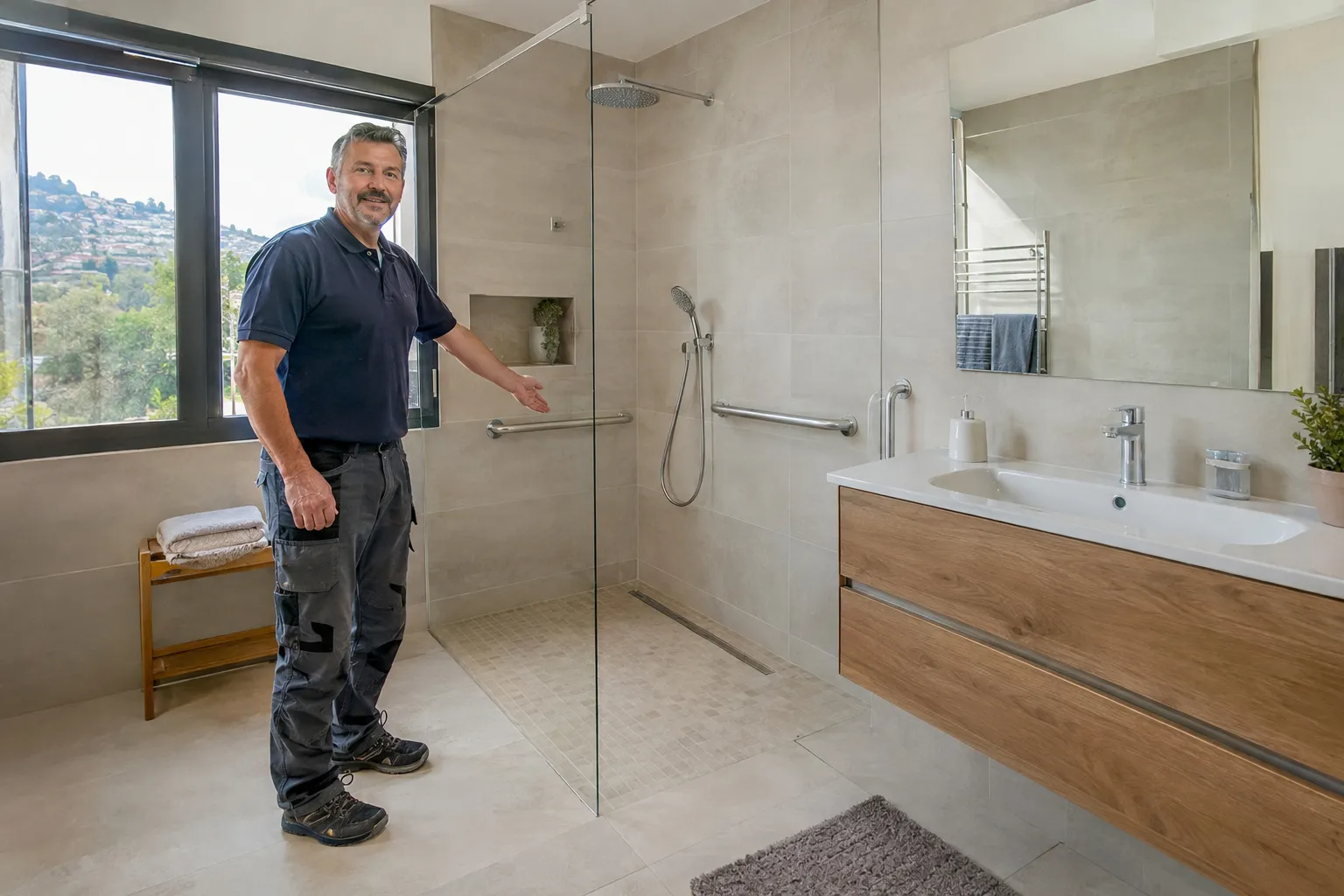 Salle de bain adaptée aux seniors terminée, douche de plain-pied et barres d'appui discrètes