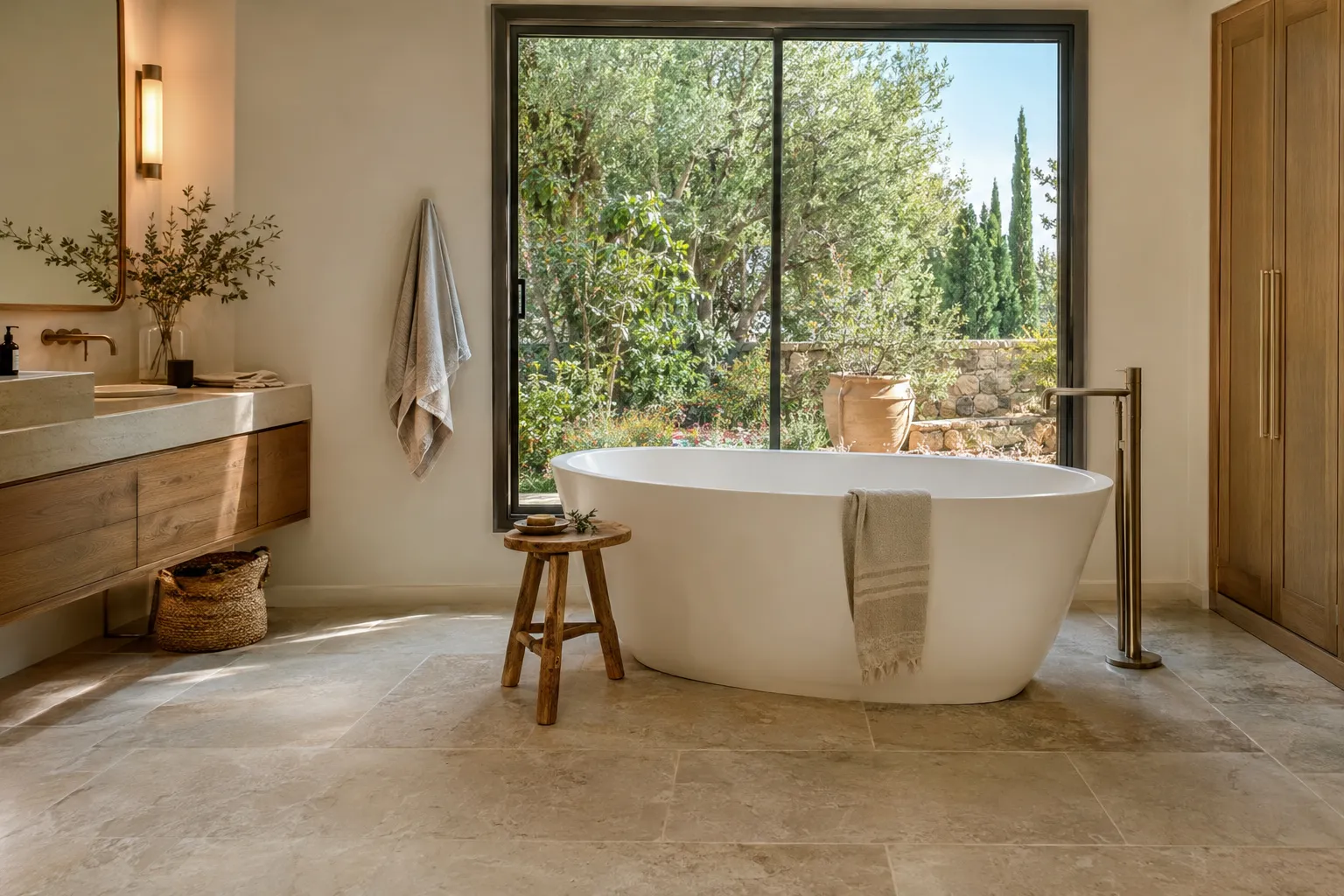 Salle de bain avec baignoire îlot, fenêtre sur jardin méditerranéen et sol en grès cérame effet pierre