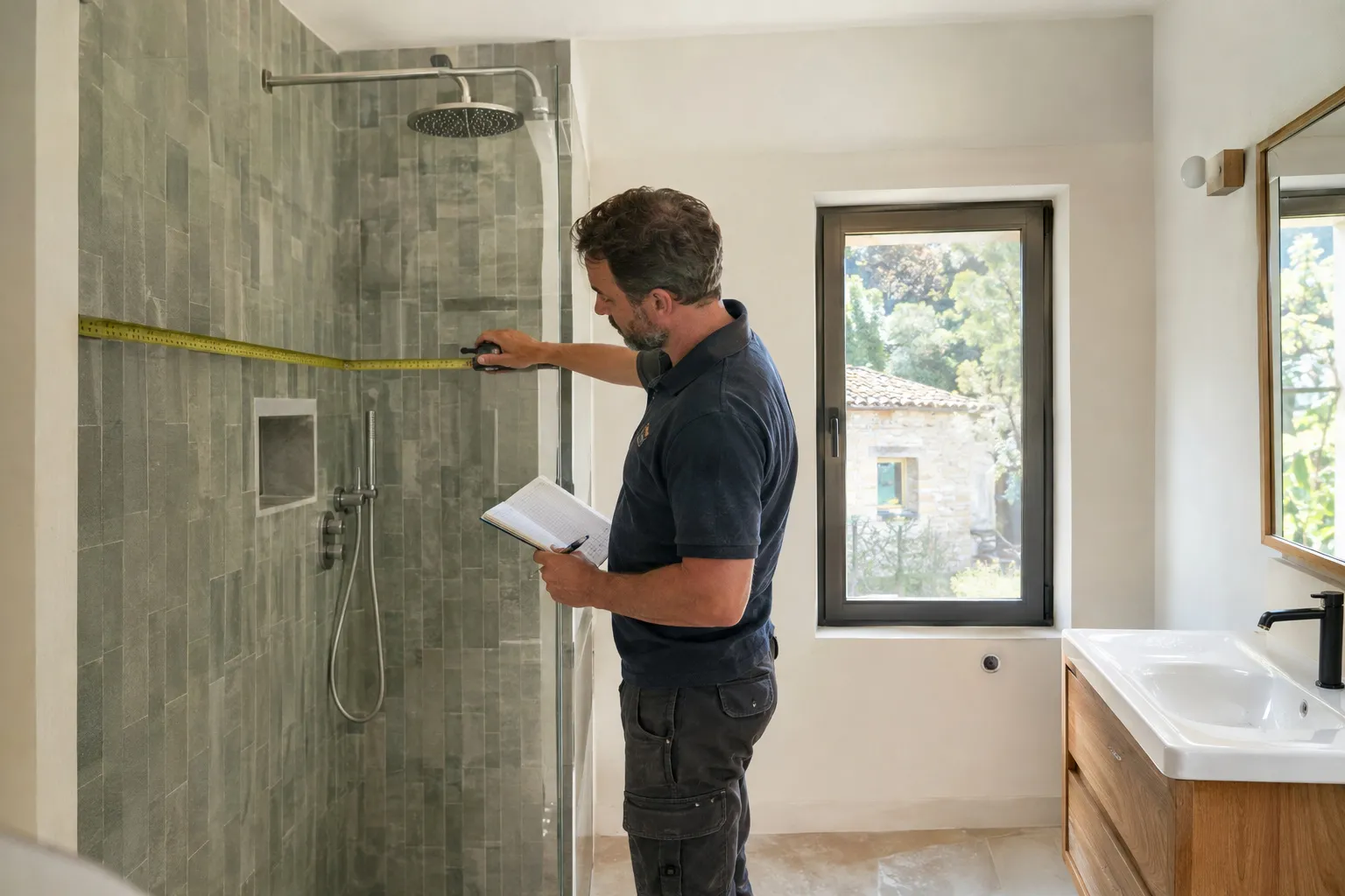 Plan de salle de bain, mètre ruban et échantillons de carrelage posés sur une table
