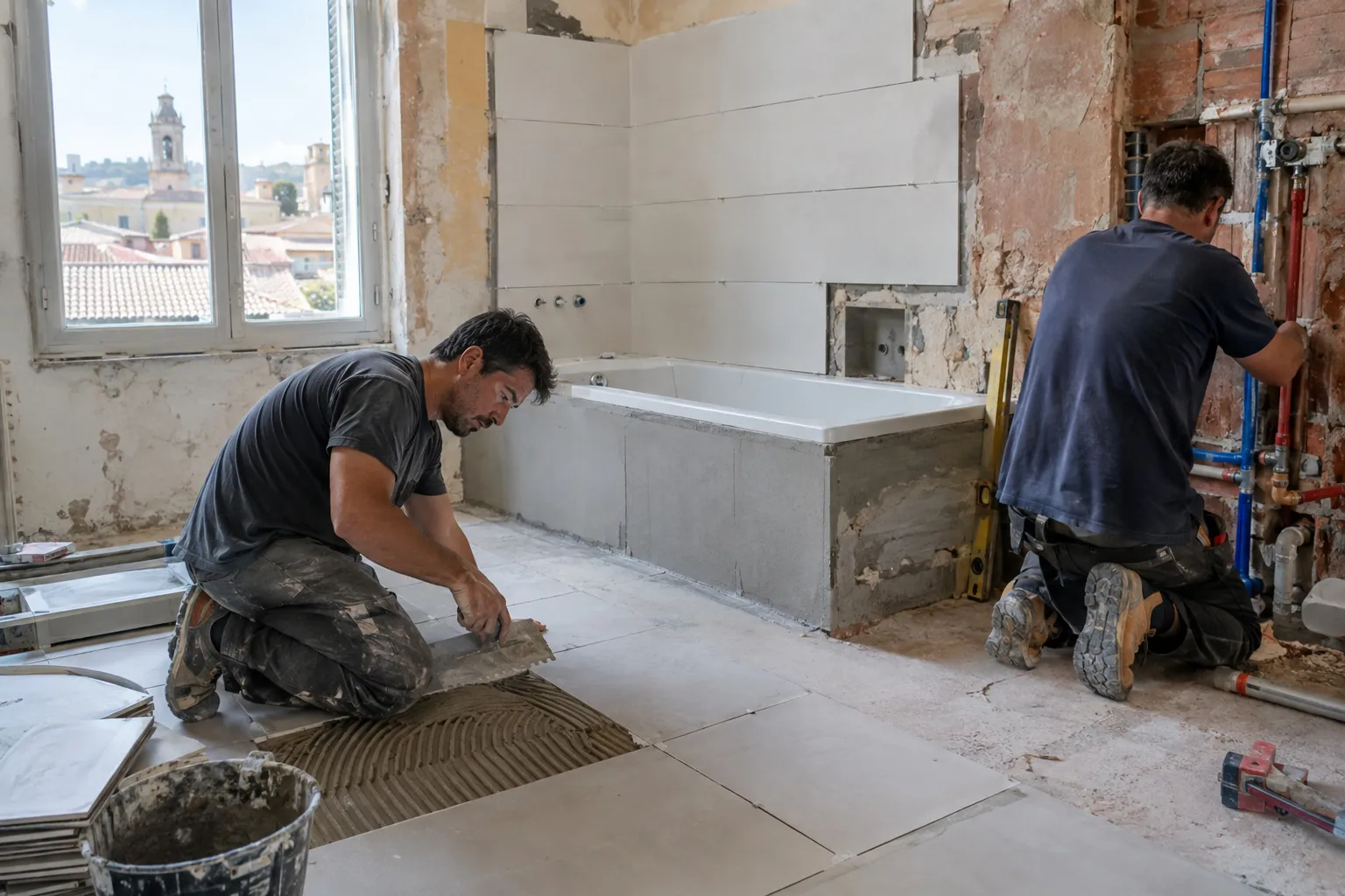Chantier de rénovation d'une salle de bain à Marseille : murs mis à nu, nouvelles arrivées d'eau en place et sol prêt à recevoir le carrelage.