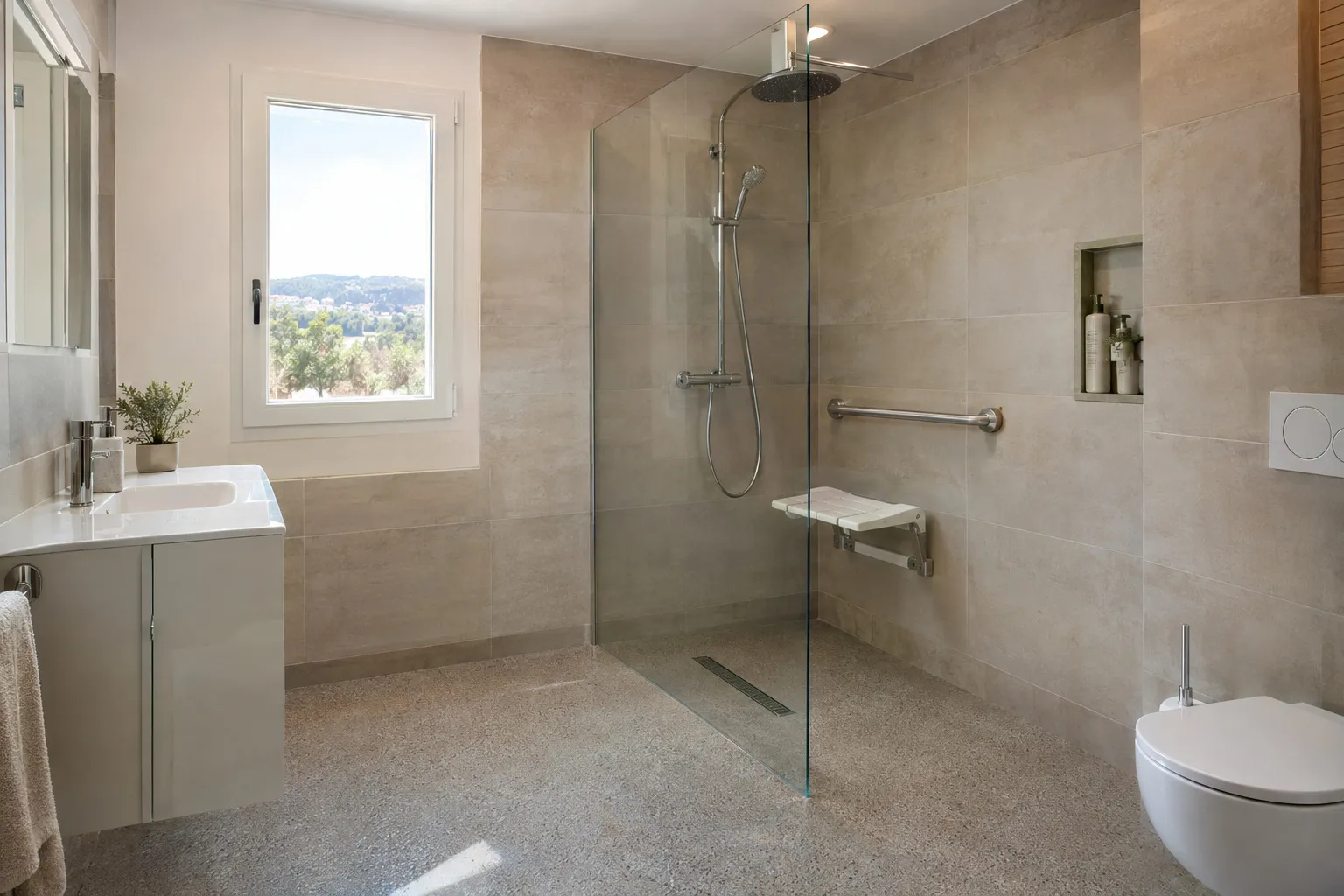 Salle de bain adaptée avec douche de plain-pied, barre d'appui et siège de douche rabattable